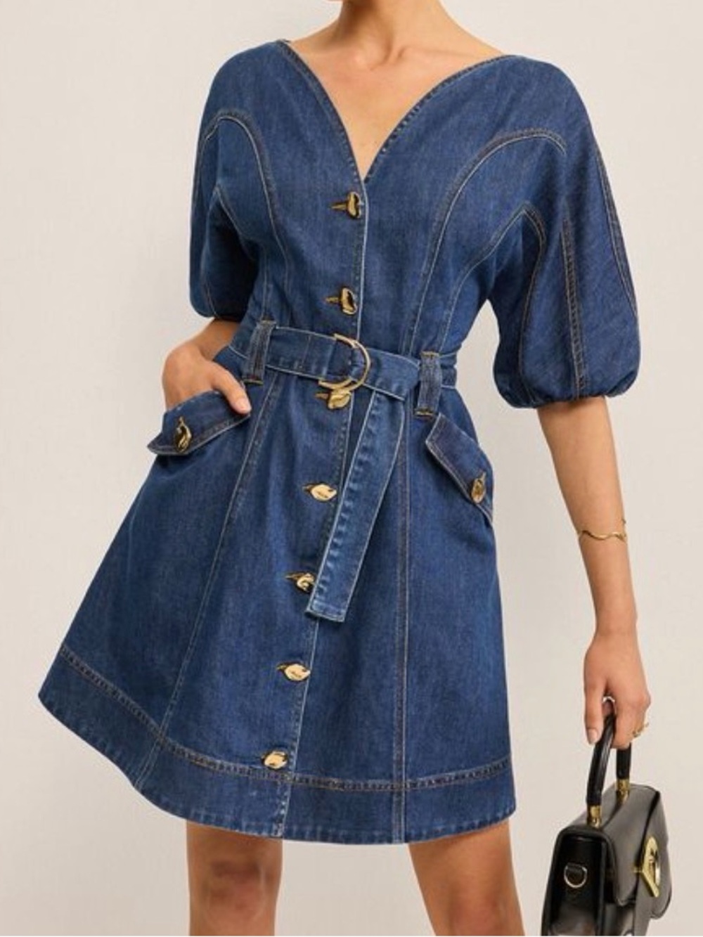 Commense Denim V-Neck Belted Mini Dress in Blue with Gold Buttons
